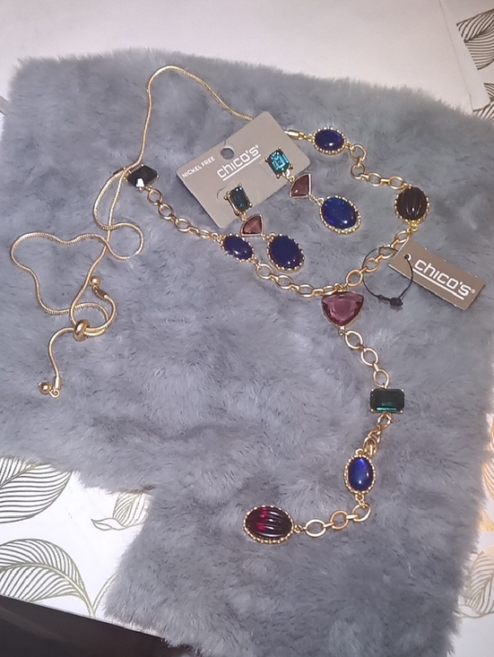 Chico's Jewelry - Chico's Gold-Tone Necklace And Earrings with Blue, Green, Pink & Burgundy Gems